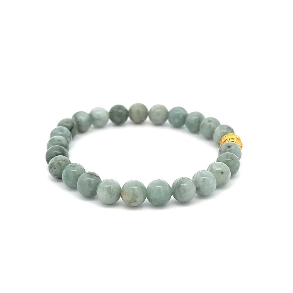 18K Gold Money Ball Lucky Bracelet Gemstones Natural Burmese Jade 6mm - Picture 3 of 5